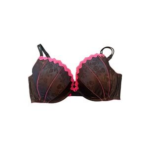Whimsy Golth Cacique Black Pink Floral Lace Trim Underwire Bra 44DDD Roses